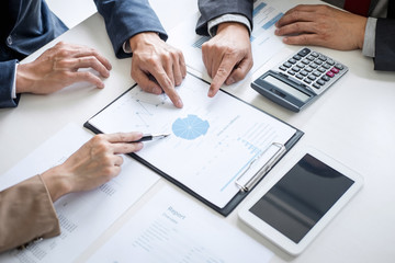 Group of Business partner professional team working together meeting are discussing and analyzing with new strategy marketing project investment to growth up profit into company