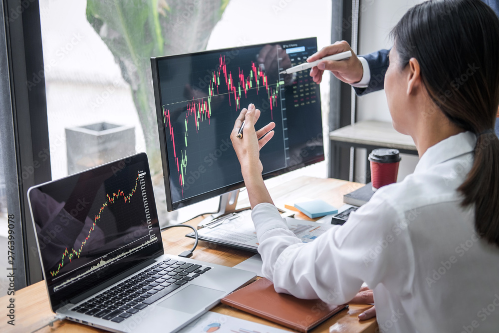Poster business team investment working with computer, planning and analyzing graph stock market trading wi