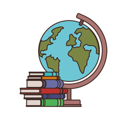 stack of books with globe on white background