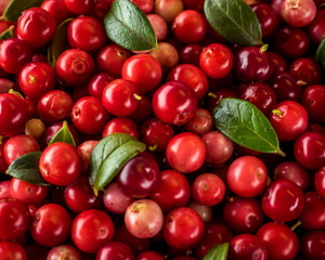 Background of Vaccinium vitis-idaea (lingonberry, partridgeberry or cowberry) Natural food of wild nature, rich in vitamins. Non GMO. Top view. Northern Europe, America and Russia.