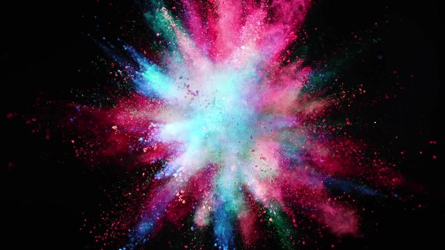 Super slow motion of coloured powder collision isolated on black background. Filmed on high speed cinema camera, 1000fps.