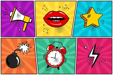 Gordijnen Kleurrijke set van komische pictogram in pop-art stijl. Megafoon, lippen, ster, bom, wekker, bliksem. vector illustratie © Sylfida