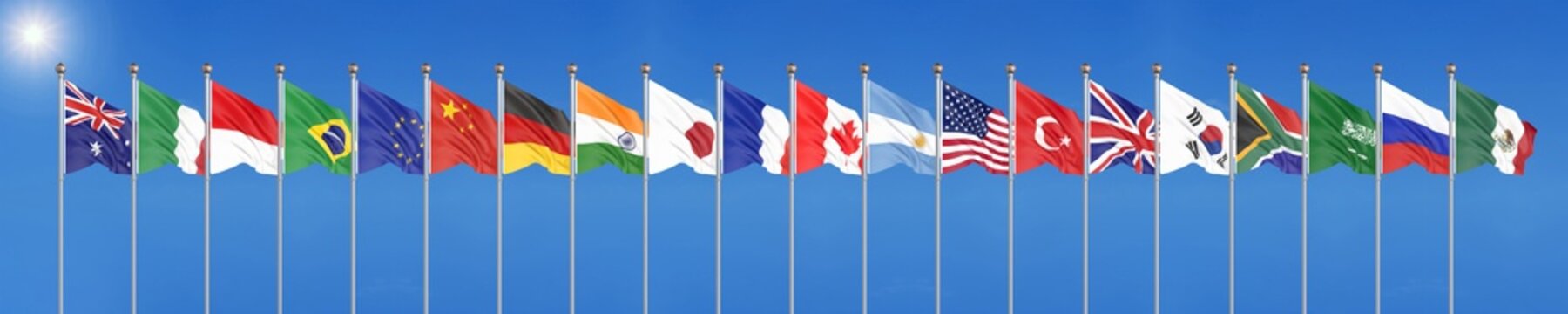 Waving Flags Countries Of Members Group Of Twenty. Big G20 In Japan In 2020 . Blue Sky Background. 3d Rendering.  Illustration.