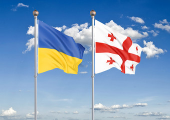 Ukraine vs Georgia. Thick colored silky flags of Ukraine and Georgia. 3D illustration on sky background. – Illustration