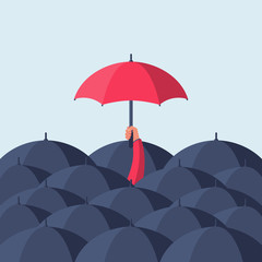 Uniqueness and individuality. Man holding a red umbrella among people with black umbrellas. Standing out from the crowd.Difference concept. Vector illustration flat design. Isolated on background.