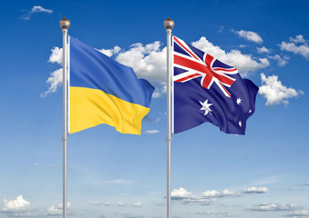 Ukraine vs Australia. Thick colored silky flags of Ukraine and Australia. 3D illustration on sky background. – Illustration