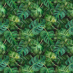 Naklejka na ściany i meble A seamless pattern with tropical leaves on a dark background, perfect for scrapbooking and gift wrapping, also suitable for prints on clothes. Hand-drawn watercolor on paper - digital clipart
