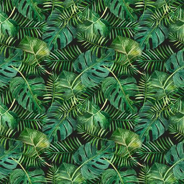 A seamless pattern with tropical leaves on a dark background, perfect for scrapbooking and gift wrapping, also suitable for prints on clothes. Hand-drawn watercolor on paper - digital clipart