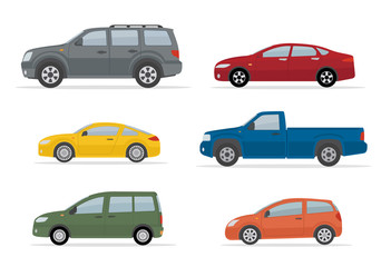 Collection of different cars. Isolated on white background. Side view. Flat style, vector illustration. 