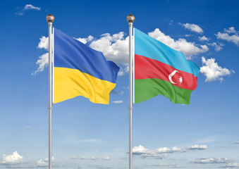 Ukraine vs Azerbaijan. Thick colored silky flags of Ukraine and Azerbaijan. 3D illustration on sky background. – Illustration