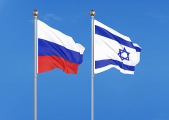 Russia vs israel. Thick colored silky flags of Russia and israel. 3D illustration on sky background. – Illustration