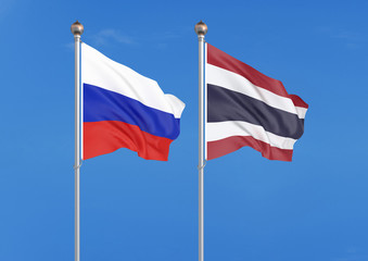 Fototapeta na wymiar Russia vs Thailand. Thick colored silky flags of Russia and Thailand. 3D illustration on sky background. – Illustration