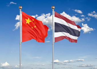 China vs Thailand. Thick colored silky flags of European Union and Uruguay. 3D illustration on sky background. – Illustration