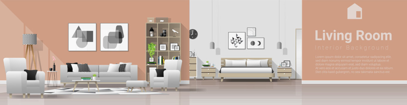 Modern House Interior Background With Living Room And Bedroom Combination , Vector , Illustration