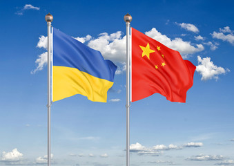 Ukraine vs China. Thick colored silky flags of Ukraine and China. 3D illustration on sky background. – Illustration