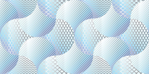 Abstract blue and white geometric metal surface seamless pattern. Repeatable motif inspired by fish scales and ocean water. For fabric, background, surface design, web and print projects.  