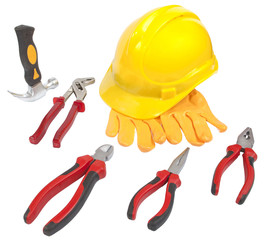 hammer,helmet,gloves,spanner,pliers,nippers,cutter,wrench (with clipping paths)