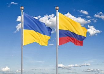 Ukraine vs Colombia. Thick colored silky flags of Ukraine and Colombia. 3D illustration on sky background. – Illustration