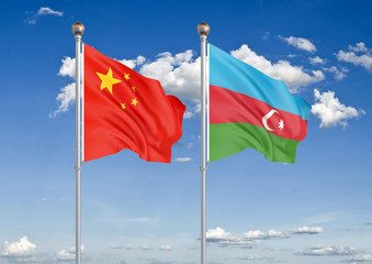 China vs Azerbaijan. Thick colored silky flags of European Union and Uruguay. 3D illustration on sky background. – Illustration