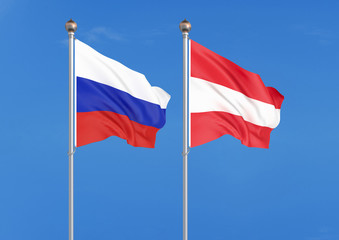 Russia vs Austria. Thick colored silky flags of Russia and Austria. 3D illustration on sky background. – Illustration