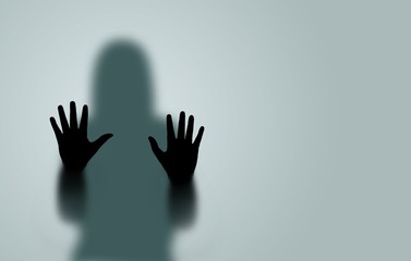 Woman Hands touching blue glass Scream for help - obrazy, fototapety, plakaty