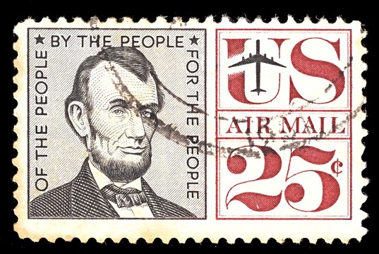 Postage stamp from USA. Airmail. With portret of president Abraham Lincoln 25 cent.