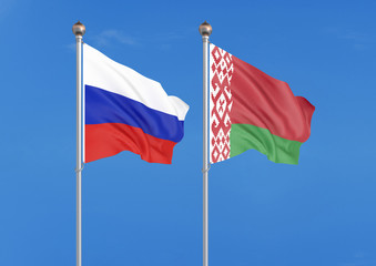 Russia vs Belarus. Thick colored silky flags of Russia and Belarus. 3D illustration on sky background. – Illustration