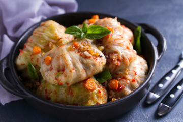 Stuffed cabbage leaves with meat, rice and vegetables. Chou farci, dolma, sarma, sarmale, golubtsy or golabki - popular dish in many countries
