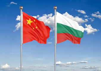 China vs Bulgaria. Thick colored silky flags of European Union and Belgium. 3D illustration on sky background. – Illustration