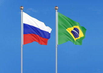 Russia vs Brazil. Thick colored silky flags of Russia and Brazil. 3D illustration on sky background. – Illustration