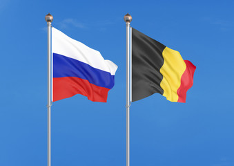 Russia vs Belgium. Thick colored silky flags of Russia and Belgium. 3D illustration on sky background. – Illustration