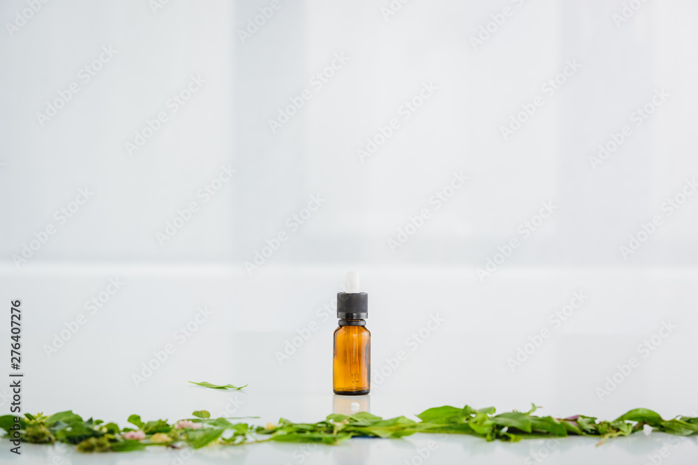 Wall mural glass bottle with hemp oil near green leaves on white back ground with copy space