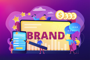 Promoting company credibility. Increasing clients loyalty. Customers conversion. Brand reputation, brand management, sales driving strategy concept. Bright vibrant violet vector isolated illustration
