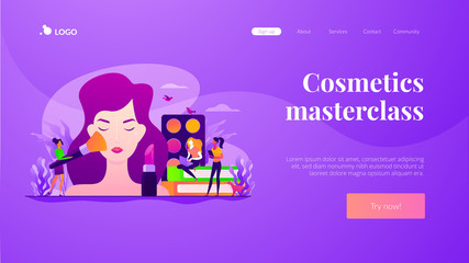 Woman in beautician parlor. Female character testing skin care product in beauty salon. Makeup courses, make up school, cosmetics masterclass concept. Website homepage header landing web page template