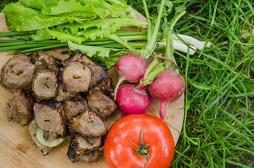 shashlik with vegetables on wooden background on nature. Russian food concept