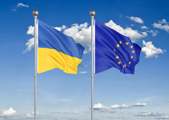 Ukraine vs European Union. Thick colored silky flags of Ukraine and European Union. 3D illustration on sky background. – Illustration