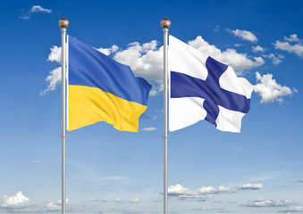 Ukraine vs Finland. Thick colored silky flags of Ukraine and Finland. 3D illustration on sky background. – Illustration