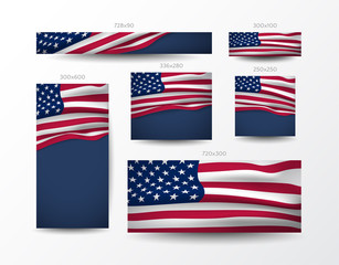 Set of banners of different sizes with vector waving american flag and place for text. Template with close-up of flag of United States for promotion design on website. Isolated from background.
