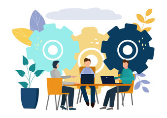 Vector flat illustrations, brainstorming, business concept for teamwork, search for new solutions, small people sit on light bulbs in search of ideas