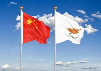 China vs Cyprus. Thick colored silky flags of European Union and Belgium. 3D illustration on sky background. – Illustration