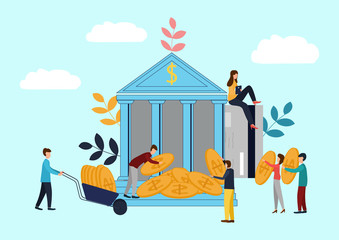 Businessmen carry money to the bank, carry money on a wheelbarrow, vector illustration.