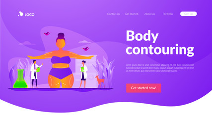 Beauty clinic, liposuction procedure, appearance change. Patient and doctors. Body contouring, body correction surgery, body plastic service concept. Website homepage header landing web page template.
