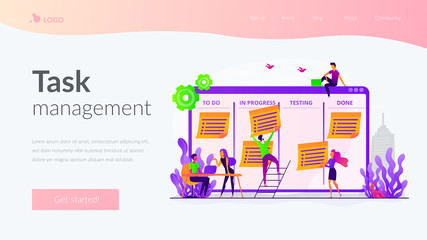 Business team, colleagues teamwork. Workflow organization, productivity growth. Task management, project managers tool, task management software concept. Website homepage header landing web page