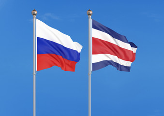 Fototapeta na wymiar Russia vs Costa Rica. Thick colored silky flags of Russia and Costa Rica. 3D illustration on sky background. – Illustration