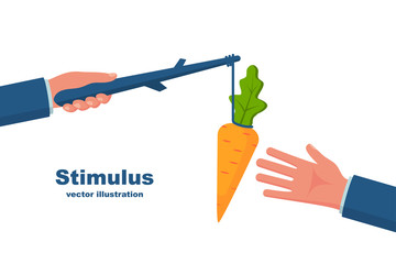 Stimulus concept. Business metaphor. Personnel management leadership. Incentive motivate people. Hand holds carrots on stick, businessman running for bait. Vector cartoon flat design. Attract earn. 