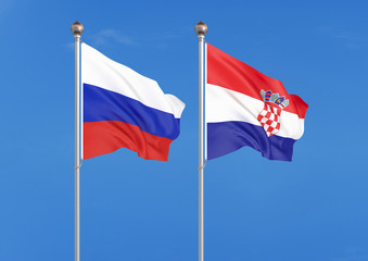 Russia vs Croatia. Thick colored silky flags of Russia and Croatia. 3D illustration on sky background. – Illustration