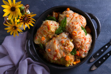 Stuffed cabbage leaves with meat, rice and vegetables. Chou farci, dolma, sarma, sarmale, golubtsy or golabki - popular dish in many countries. View from above, top studio shot