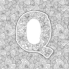 Coloring Book Floral Ornamental Alphabet, Initial Letter Q Font. Vector Typography Symbol. Antistress Page for Adults and Monograms Isolated Ornament Design on Patterned Background