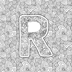 Coloring Book Floral Ornamental Alphabet, Initial Letter R Font. Vector Typography Symbol. Antistress Page for Adults and Monograms Isolated Ornament Design on Patterned Background