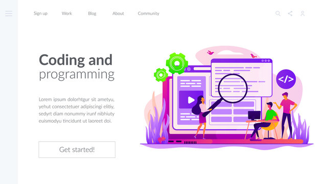 Coders and programmers team, web designers characters creating content. Front end developer, website interface, coding and programming concept. Website homepage header landing web page template.